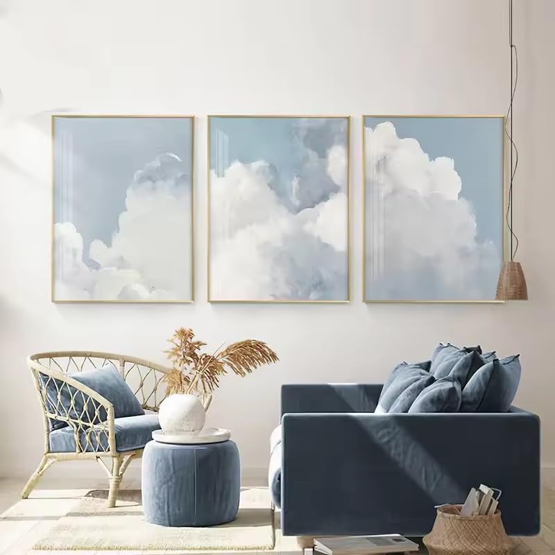 KEMEIQI Poster su tela in stile nordico scandinavo per la decorazione della stanza, con cielo blu e nuvole bianche, quadro da parete per interni (70x100cmx3/senza cornice)