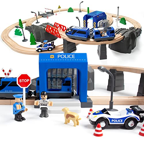 WOOD CITY Wooden Train Set, Battery Operated Trains & Wooden Train Tracks, Fits Thomas, Brio, Chuggington, Melissa, Ikea, and Other Major Brands, Kids Train Toys for 3+ Years Old Boys Girls(73 Pieces)