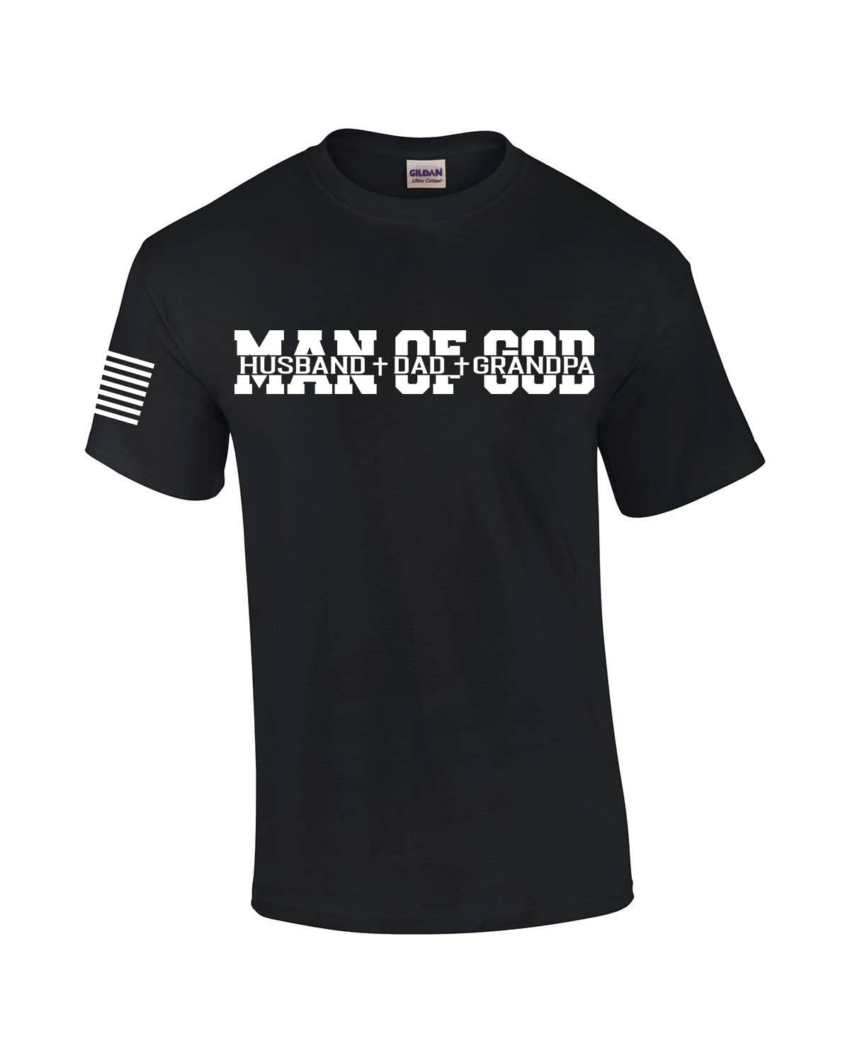 Man of God Dad Father Grandpa Mens Christian American Flag Sleeve T-Shirt Graphic Tee