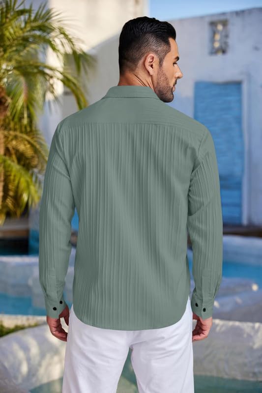 Image of FINIVO FASHION Men's Casual Cotton Plain Button Down Shirt Long Sleeve Textured Summer Beach Shirt for Men