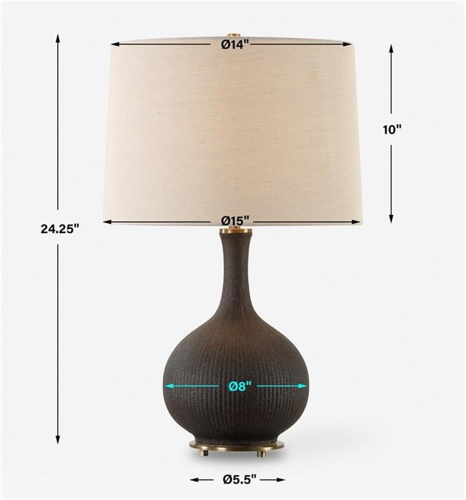 BOWERY HILL Contemporary Accent Table Lamp, Black Glaze Ceramic with Distressed Ribbed Texture, Brushed Antique Brass Details, 24.25 in Height, Versatile Lighting for Living Room or Bedroom