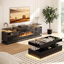 Modern Table Set Includes 70" Fireplace TV Stand & 47" Coffee Table with Charging Station and USB Ports, for Living Room, Black