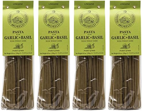 Morelli Italian Pasta. Organic Garlic and Basil Linguine - Gourmet Pasta - Handmade in Small Batches - Durum Wheat Semolina, Al Dente, Italian Pasta from Italy 8.8oz / 250g - Pack of 4