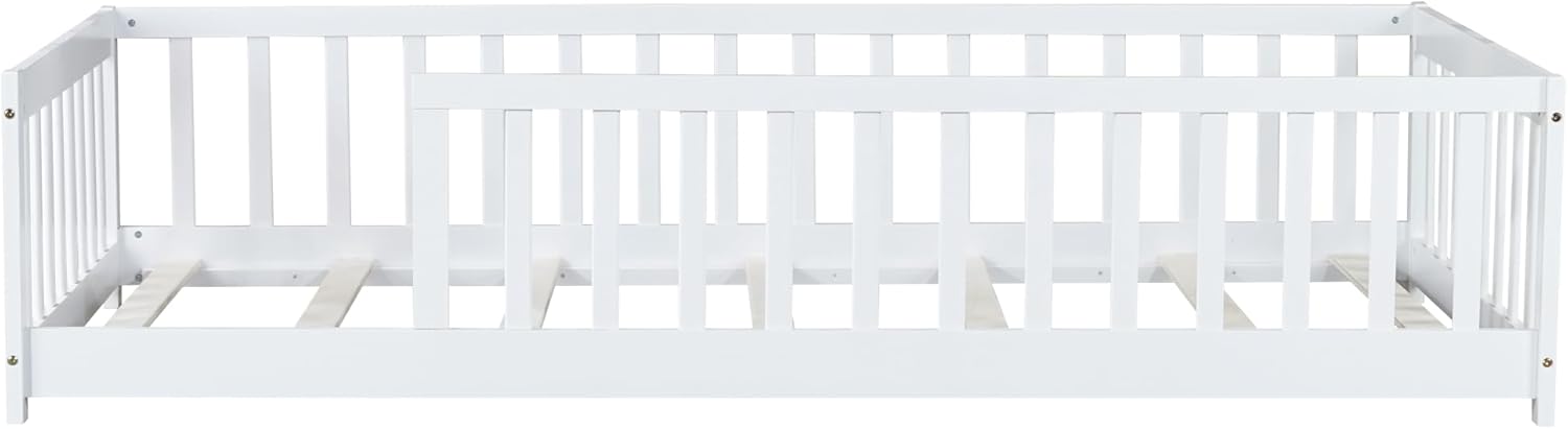 Twin Size Floor Bed with Safety Guardrails for Kids,Wood Montessori Floor Bed for Toddlers, Without Door, No Box Spring Needed, White