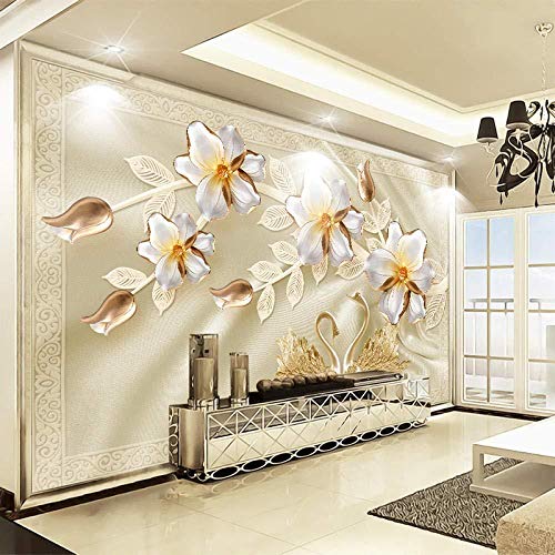 Papel pintado mural 3D de seda para transformar tu salon con cisnes y flores 4