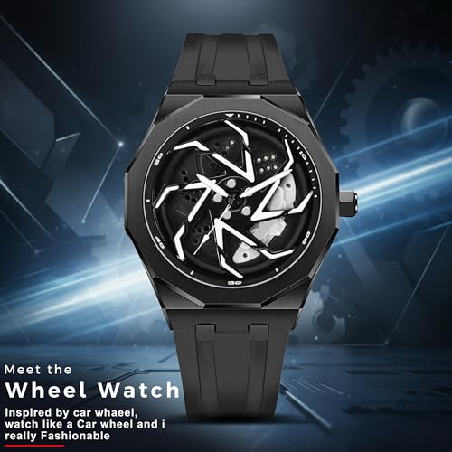 Image of IIK COLLECTION Men's Car Wheel Watch with Spinning Car Rim Hub Design with Silicon Strap|| Analog | Quartz Movement|| Water Resistant, Scratch Resistant