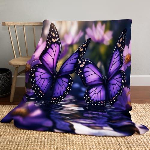 JSCWDET Mariposa Morada Mantas para Sofa Franela 180×220 Cm, Manta para Cama Invierno Ultra Suave Polar, Manta Sofa Pelo Largo Estilo De Dibujos Animados para Sofá, Cama O Sala De Estar