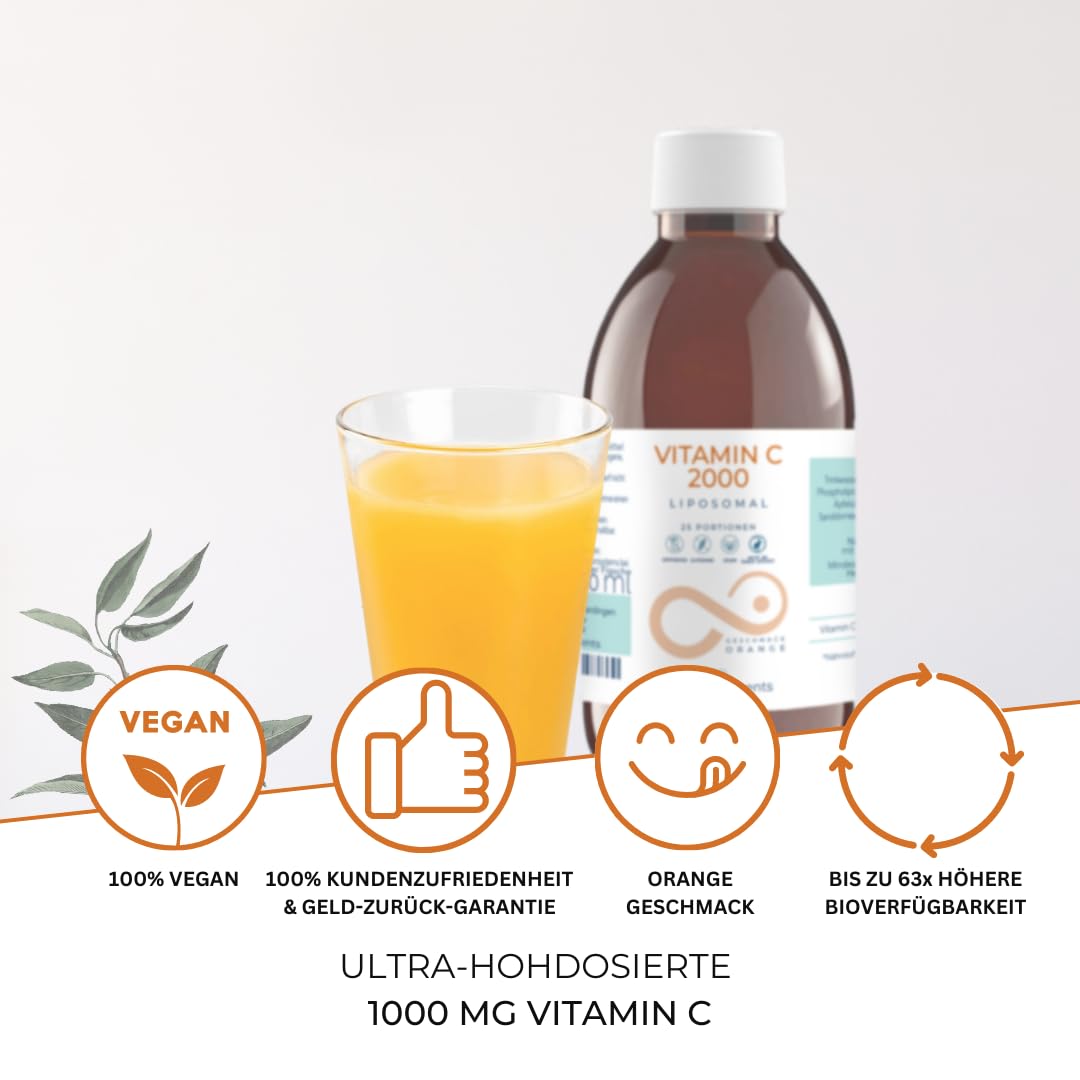 Mighty Elements Liposomales Vitamin C 2000 mg hochdosiert, Orange Geschmack, Immunsystem, Vegan, Glutenfrei & Laktosefrei, Flüssig 250 ml, Glasflasche