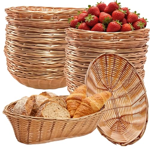 CEZOOWYEX 16 Pack Bread Basket for Serving Oval Wicker Small Gift Baskets Plastic Empty Tabletop Fruit Vegetables Serving Baskets for Wedding Mothers day Christmas Restaurant 8.6 x 6.5 Inch