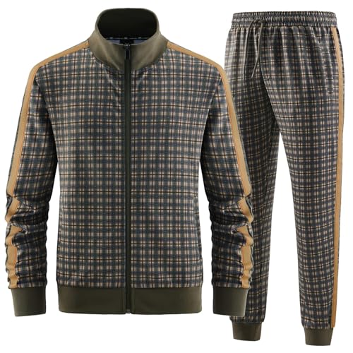 ANOTWENER Track Suits for Men Set 2 Piece Sweat Suits PlaidTracksuit Men Outfits Sets Sweat Jackets Walking Suits Jogging Jogger Set Green JW-2801-XL