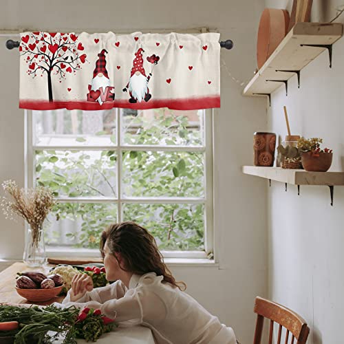 Alageo Valentines Day Valances Windows Curtain Gnome Love Heart Rod Pocket Valance Window Treatments 1 Panel Tree Couple Birds Short Curtains For Kitchen Windows Bathroom Bedroom 54 X 18 Inch #TOP3