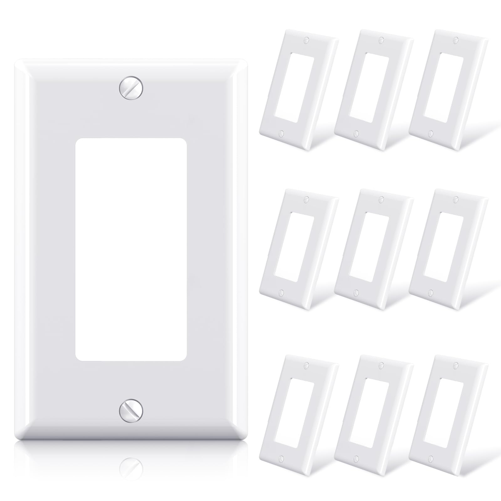ELEGRP Decorative Receptacle Wall Plate, 1-Gang Standard Size Decorator Covers, Unbreakable Polycarbonate Faceplates for Decorator Device, UL Listed, Screws Included (10 Pack, Glossy White)