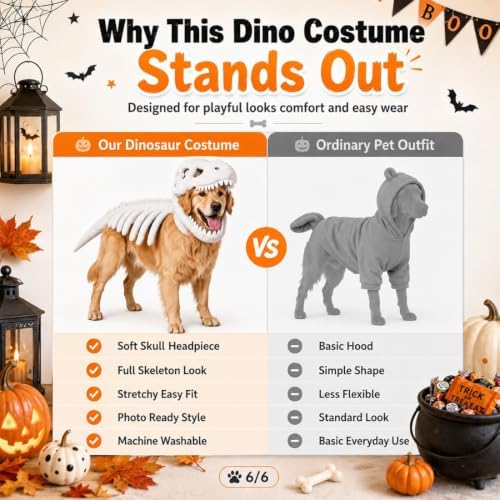 Pet Dinosaur Costume, Glow-in-the-Dark Dog Dinosaur Costume, Soft Plush Skeleton Halloween Cat Costume, 3D Dino Skeleton Pet Outfit for Dogs Cats Medium Large Pet Party Cosplay，Gray：45.2in — view 6