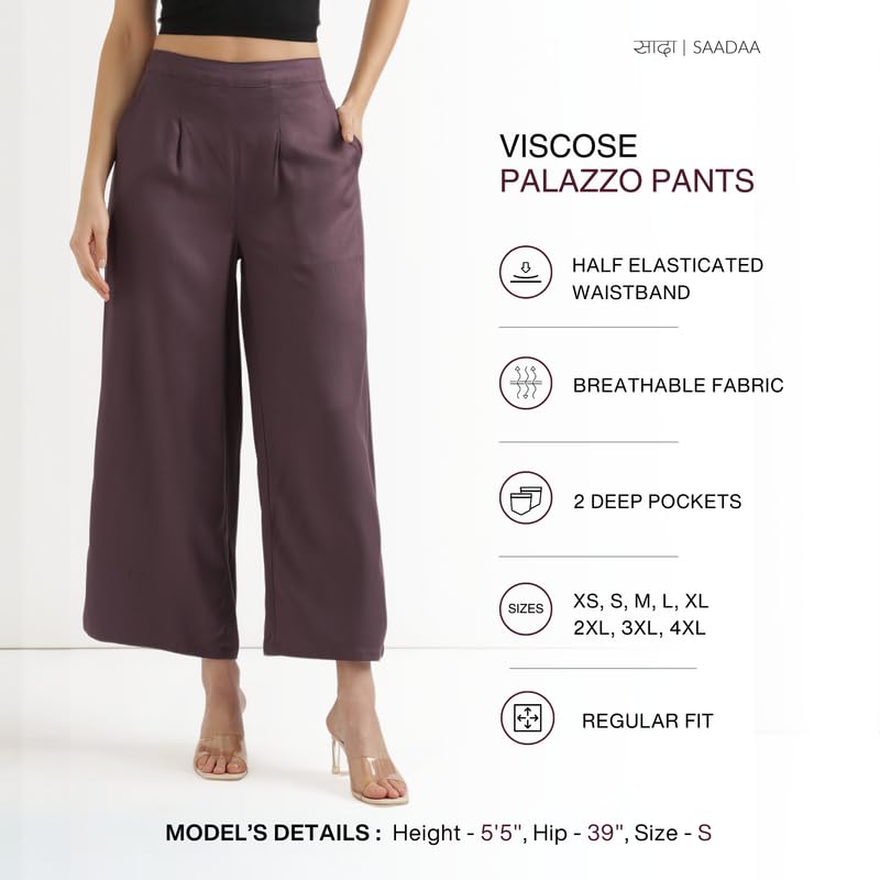 Image of SAADAA Palazzo Pants for Women Half-Elasticated Waistband | Palazzo for Women in Soft Viscose Fabric | Regular Fit with Mid Rise Waist & Deep Pockets | Versatile for Formal & Casual Wear