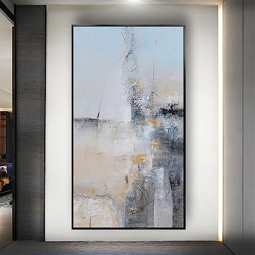 Tableau abstrait gris moderne et affiche murale salon 55x110 cm avec cadre noir
