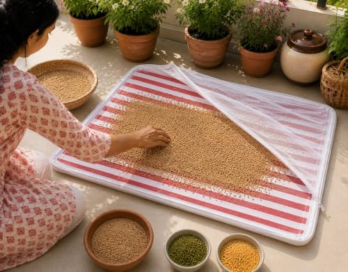 Image of Kuvru Cotton Drying Cloth with Net, Red Stripe, 73 x 91 cm, Breathable, Washable, Reusable, for Papad, Vadagam, Spices, Millets,Sun dry Wadiyan or Badiyan and Sun Dry Mango for Pickle (Redstripe P1)