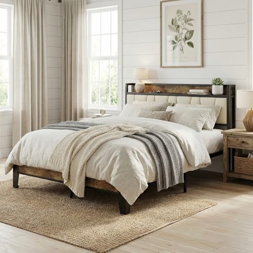Image of LIKIMIO Full Size Bed Frame with Storage Headboard & Charging Station | Upholstered Headboard, Storage Shelf, Solid and Stable, Noise Free, No Box Spring Needed, Easy Assembly (Walnut and Beige)