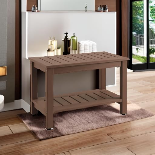 Image of Psilvam 28 inch Waterproof Poly Lumber Shower Bench with Storage Shelf, Brown
