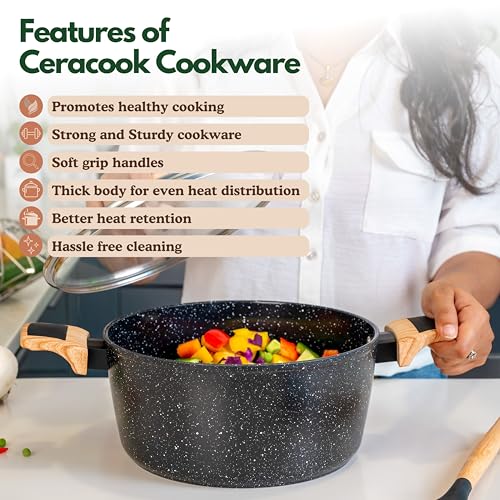 Image of Kreme Ceracook Ceramic Coated Granite Casserole 5.5Ltrs /26cm with Glass Lid, Stew Pot, Biriyani, Rice, ISI Certified, Forged Aluminium, Gas & Induction Use, PFAS & PTFE Free, 1 Yr Warranty, Black