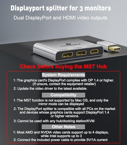 Image of DisplayPort to Dual DisplayPort with HDMI Adapter 4K@60Hz, Extended Display 1 in 3 Out MST Hub for Multiple Monitors Compatible with PC,NVIDIA /AMD Graphics Card