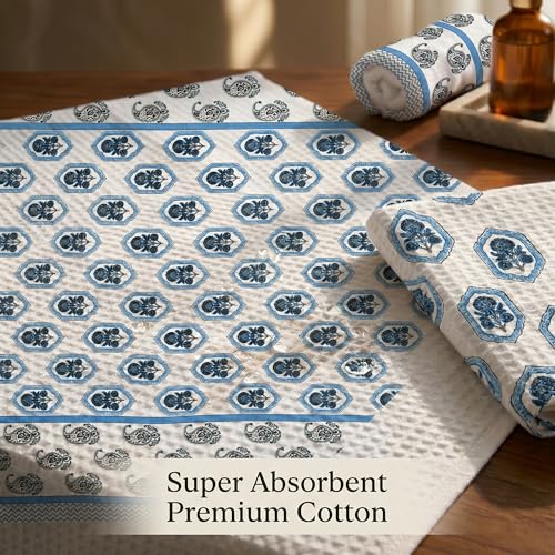 Image of Mafatlal Madhuban Premium Waffle Cotton Set (1 Bath 147x76 cm + 2 Hand 76x38 cm) | 250 GSM | Lightweight, Soft & Hand Printed | Marina