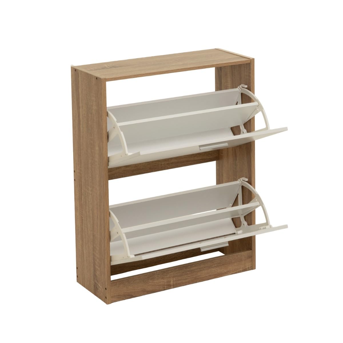 Zapatero estrecho laminado natural y blanco con 2 puertas, de 60x24x80 cm