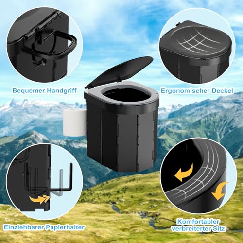 WADEO Tragbare Campingtoilette mit Deckel und bequemem Sitzkissen, Belastbarkeit bis zu 200kg, Mobiltoilette Falttoilette mit Toilettenbeutel und Papierhalter, ideal für Camping Wandern Reisen Angeln