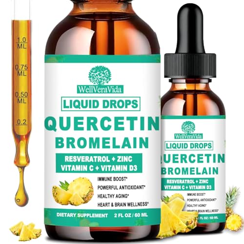 2 Pack Quercetin with Bromelain Liquid Drops 4X Stronger Than Capsules & Pills 7-in-1 Organic Zinc Quercetin 1000mg with Bromelain 500mg Vitamin C D3 for Immune Respiratory Health & Antioxidant