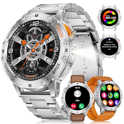 Reloj inteligente hombre con linterna LED 1.43″AMOLED Smartwatch Hombre Llamada Bluetooth para Android iOS 530 mAh Reloj Hombre Conectado Acero Plata Frecuencia Cardíaca Salud Monitor, 3 Pulseras
