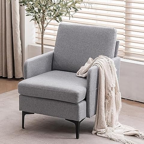 VAAMI Modern Accent Linen Fabric Arm Chair Upholstered Single Sofa Comfy Reading for Living Room Furniture, Solid Wood Frame and Iron Legs, Club Leisure Chair, Weight Capacity 500 lbs, Light Grey Cover