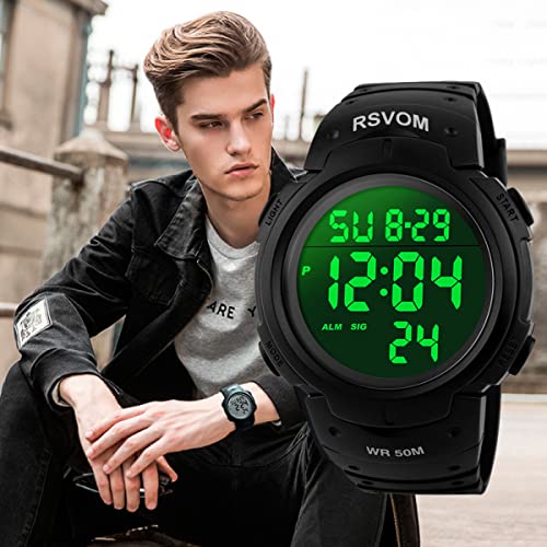 Foto von RSVOM Herren Digital Quarz Uhren mit Schwarz Silikon Armband 50M Wasserdicht Big Face Sport Armbanduhr mit Wecker Stoppuhr mit LED-Hintergrundbeleuchtung Digitaluhren für Männer