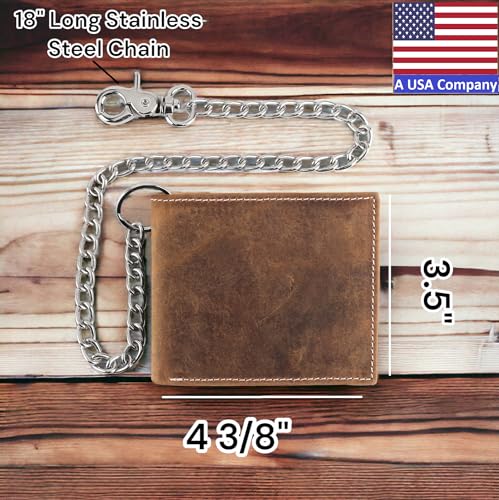 Image of F&L CLASSIC RFID Blocking Mens bi-fold Style Cowhide Leather Steel Chain Wallet, buffalo vintage leather,texas buff white stitching