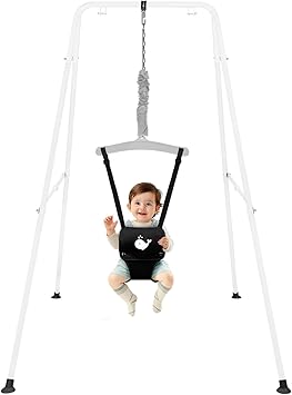 Baby Jumper with Stand, Baby Jumpers and Bouncers for Indoor & Outdoor Play, Swing Set with Stand for 6-24 Months Infant & Toddler Learning to Walk, Easy to Assemble & Store White