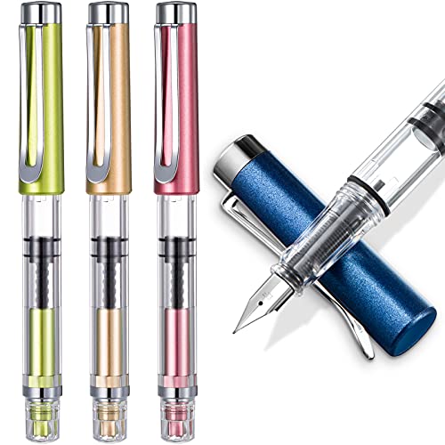 4 Pieces Refillable Fountain Pen Transparent Piston Pen Piston Filling Fountain Pen Extra Fine Fountain Pen for Calligraphy Painting, Drawing, School, Scrapbook and Sketch Signature