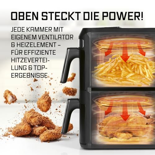 GOURMETmaxx FryUp XL vertikale Doppelkammer Heißluftfritteuse mit Sichtfenster - 12 L | Airfryer mit 9,6 Zoll Multi-Colour LED-Touchdisplay & 12 Programmen | Heißluftfritteuse 2 Kammern mit Oberhitze 5