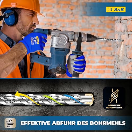 S&R Hammerbohrer, Steinbohrer/Betonbohrer SDS-Plus, Set 7-tlg (5-12mm) für Bohrhammer. Mit 4-Kant-Hartmetallspitze, Rundlaufgenauigkeit und Korrosionsschutz Beton, Ziegel, Natur- und Kunststein