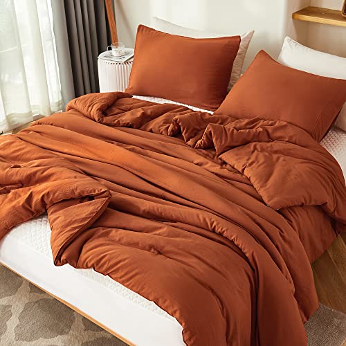 Litanika Boho Comforter Full Size Set Burnt Orange, 3 Pieces Bed Solid Terracotta Lightweight Bedding Comforter Set, Rust Fluffy Winter Quilted Blanket Set (79X90In Comforter & 2 Pillowcases) #TOP1