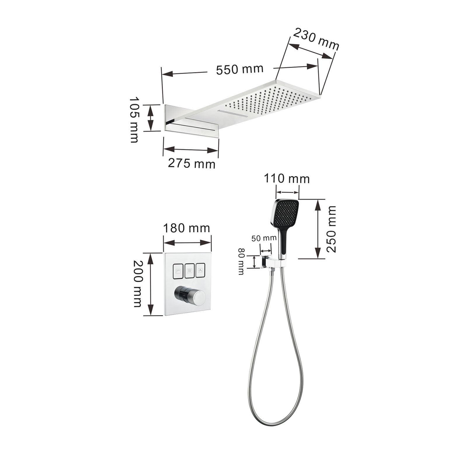 XJTNLB Columna Ducha de Pared Empotrado Negro Cascada Ducha Efecto Lluvia, Duchas de Baño Empotradas con Teclas de Piano