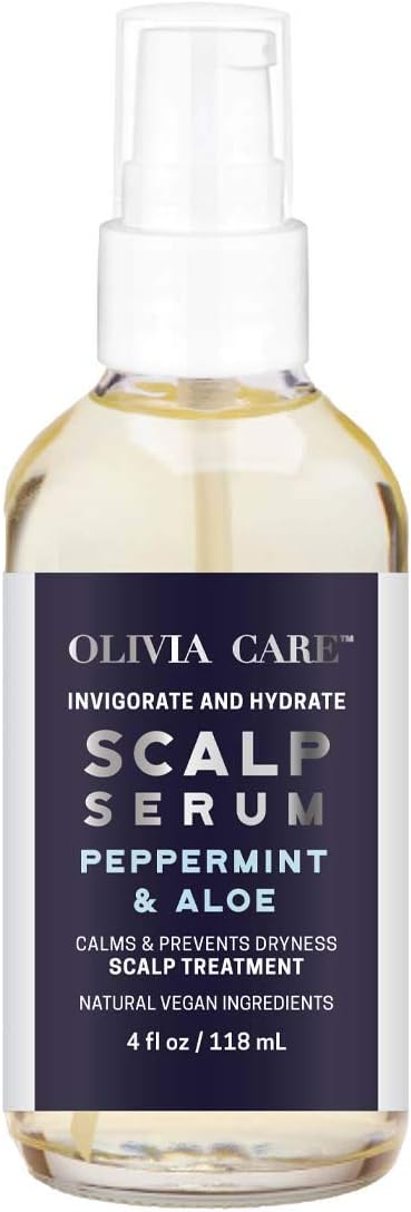 Peppermint & Aloe Hair Scalp Serum by Olivia Care - Natural & Vegan Ingredients - Invigorate, Soothe, Calm, Hydrating Scalp Treatment - Prevent Dryness - 4 FL OZ
