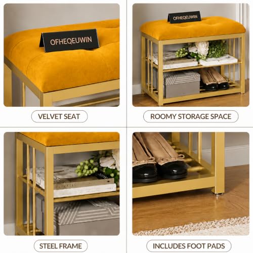 Image of Modern Shoe Rack: Covered Velvet Stool with a Cushioned Seat for Setting Stool, Space-Saving Wrought Iron Shoe Rack The Hallway, Bedroom, and Living Room -Yellow