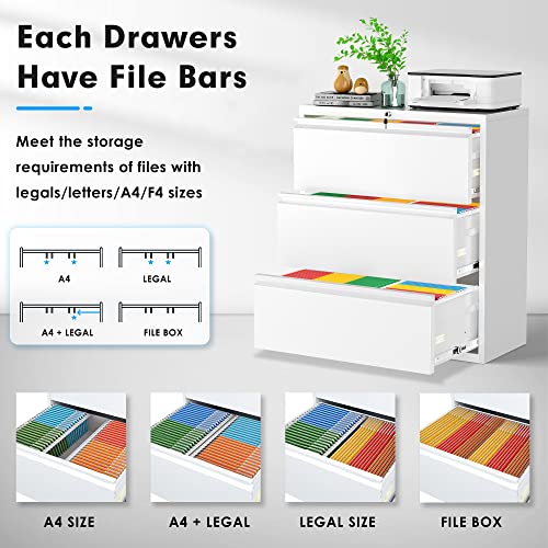 Greenvelly 3 Drawer Lateral File Cabinet, White Metal Lateral Filing Cabinet With Lock, Lockable Home Office Cabinet With Locking Drawers, 2 Keys For Legal And Letter Size #TOP4