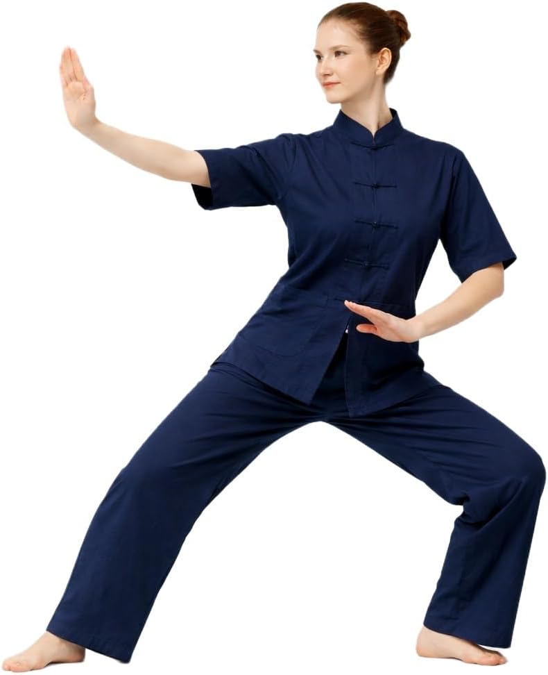 Lazutom Women's 2 Piece Cotton Kung Fu Outfit Short Sleeve Frog Button Top and Drawstring Pants Set