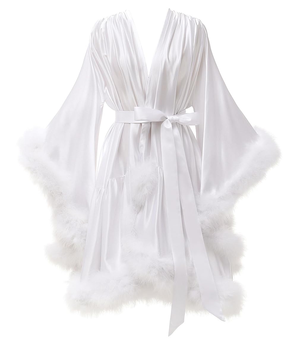 Yexinbridal Feather Fur Robe Silk Satin Bridal Dressing Gown Sexy Illusion Lingerie Nightgown Bathrobe Sleepwear