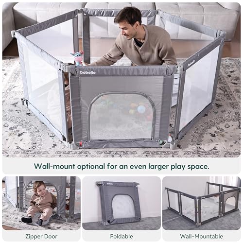 Image of Babelio Wall Mountable Playard, Foldable Playpen for Babies and Toddlers- Adjustable Shape & Area, 62 * 31 inch Playpen with Zipper Gate, Portable Baby Fence for Indoor & Outdoor
