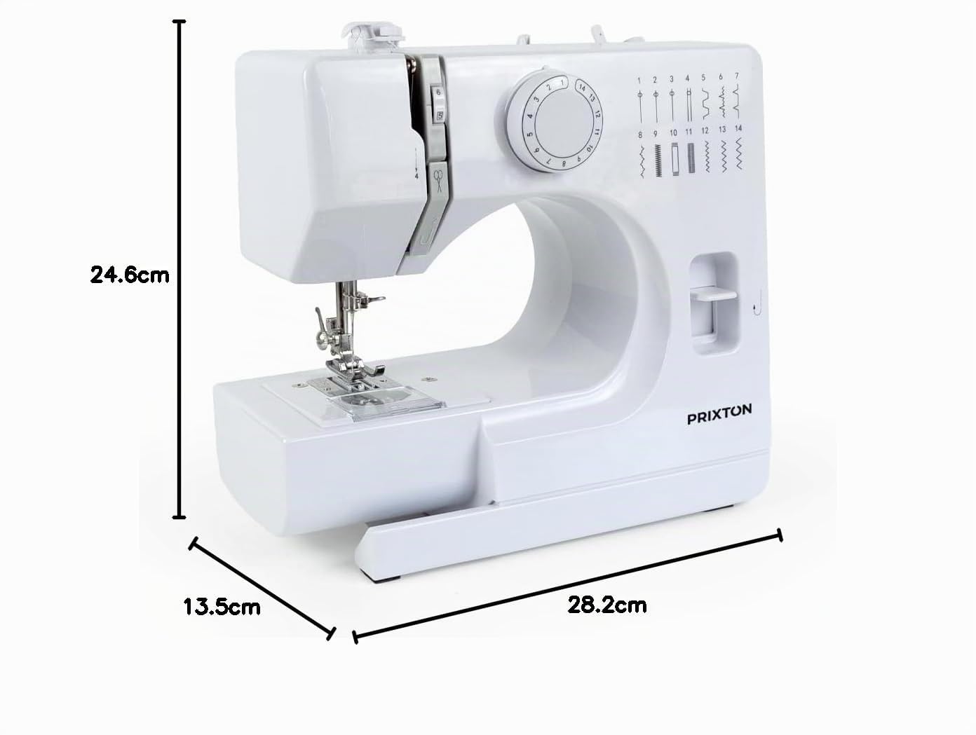 PRIXTON Macchina da cucire P115, 14 punti diversi, 2 velocità, cassetto per accessori, lampada e pedale inclusi