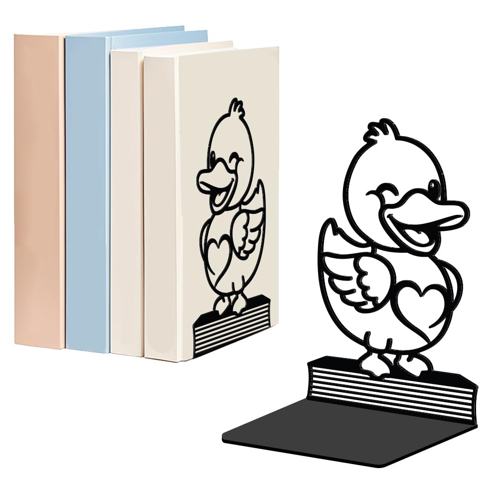 WADORN 1 Pair Cute Duck Decorative Bookends for Shelves, Unique Animal Heavy Duty Metal Book Ends Black Bookshelf Decor Non-Skid Black Book Stopper for Library Home Office Dorm, 5.3x4.3x7.9 Inch