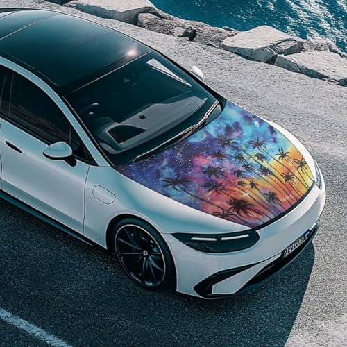 Image of 3.3x5 Ft Coconut Tree Print Car Hood Cover Elastic Polyester Car Hood Protector Snowproof Auto Accessories Suitable Most Auto Sedans Pickup Trucks SUVs