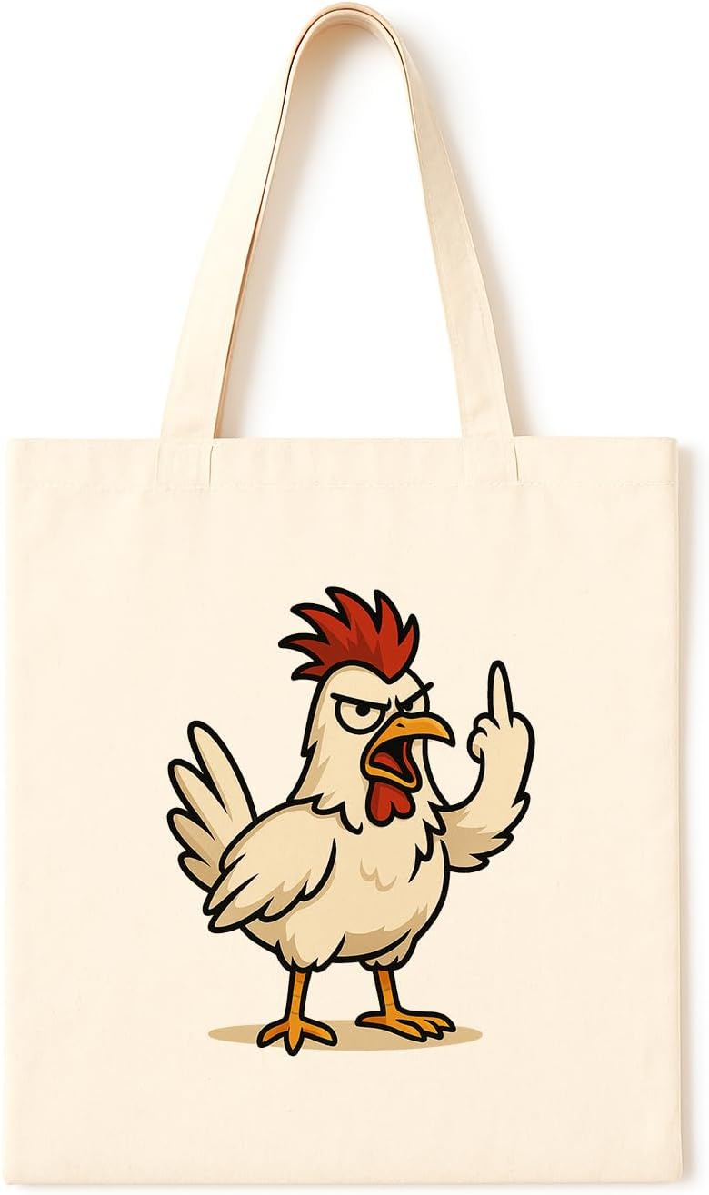 Angry Chicken Middle Finger Tote ~ Hilarious Rooster Canvas Bag for Bold Humor Fans, Offensive Gag Gifts, Farm Animal Enthusiasts and People Who’ve Had Enough