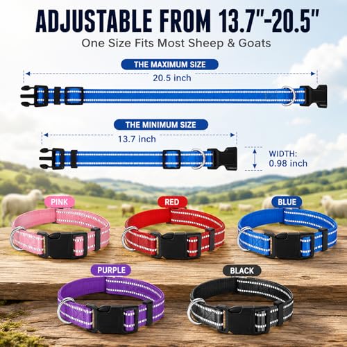 Image of 5 Pack Reflective Goat Collars with Bells, Adjustable Nylon Collar Set and Horse Sheep Grazing Copper Bells Pet Anti-Lost Loud Bronze Bell for Small Farm Animal Goat Sheep Cow Accessories