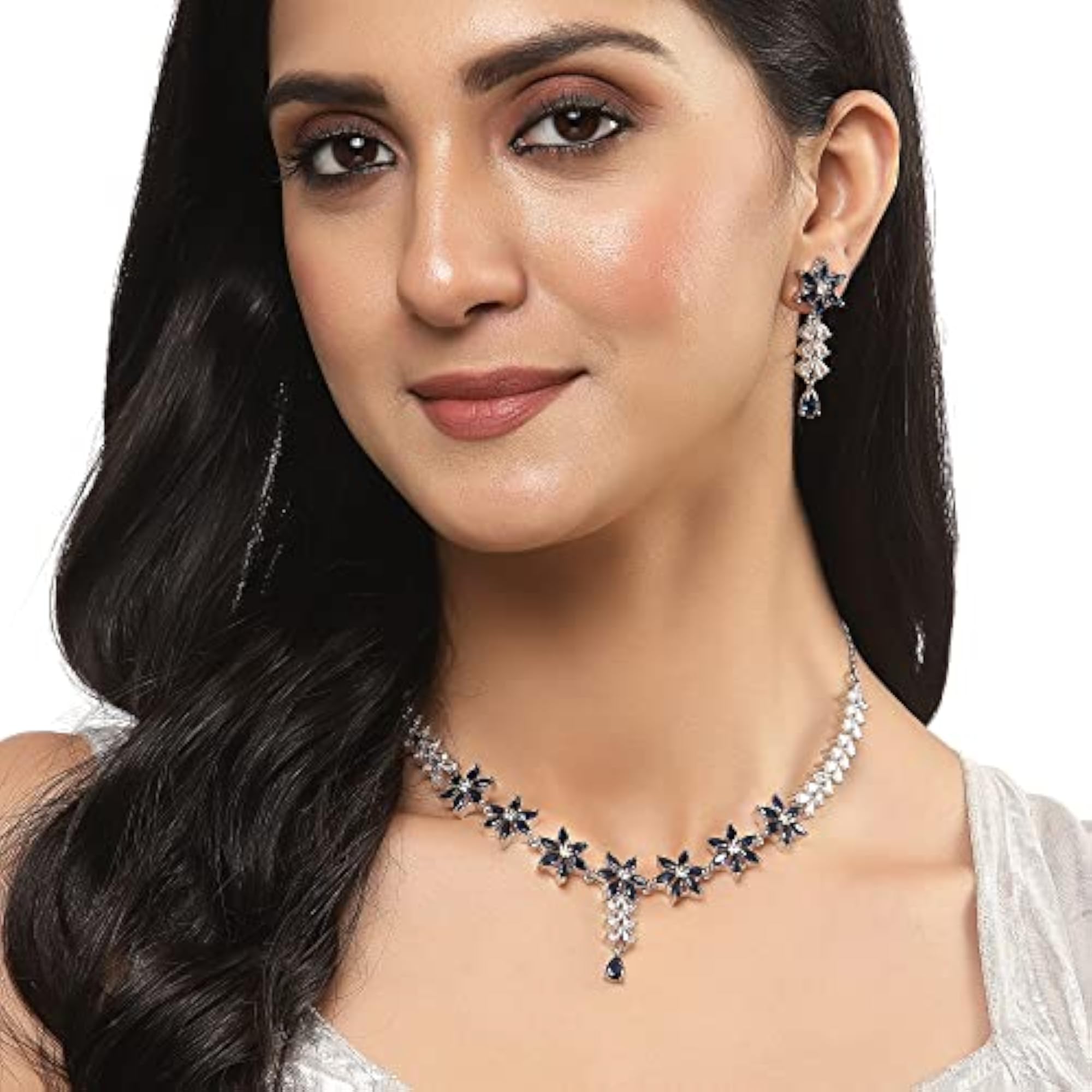 Star Shaped Silver Toned Necklace Earrings Set with American Diamond